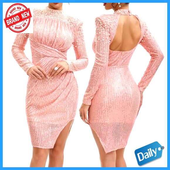 Long Sleeve Sequin Mock Neck Backless Bodycon Prom Cocktail Party Dress - Picture 2 of 6
